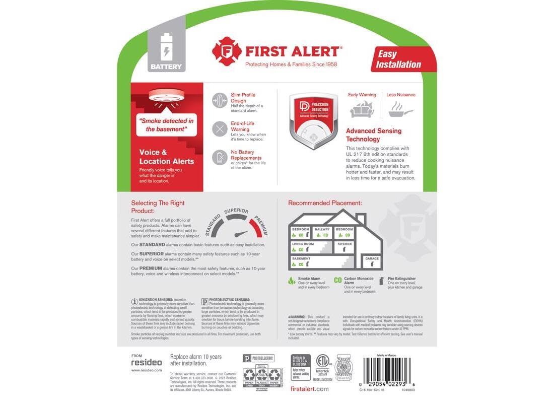 10 Year Battery-Powered Photoelectric Smoke and Carbon Monoxide Detector Y7860