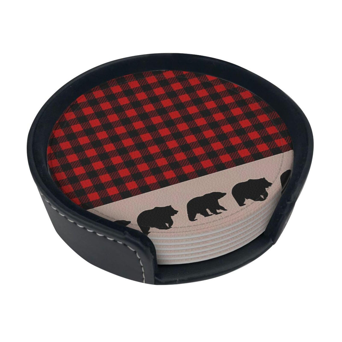 6 Pcs Plaid Leather Coasters with Holder F7081