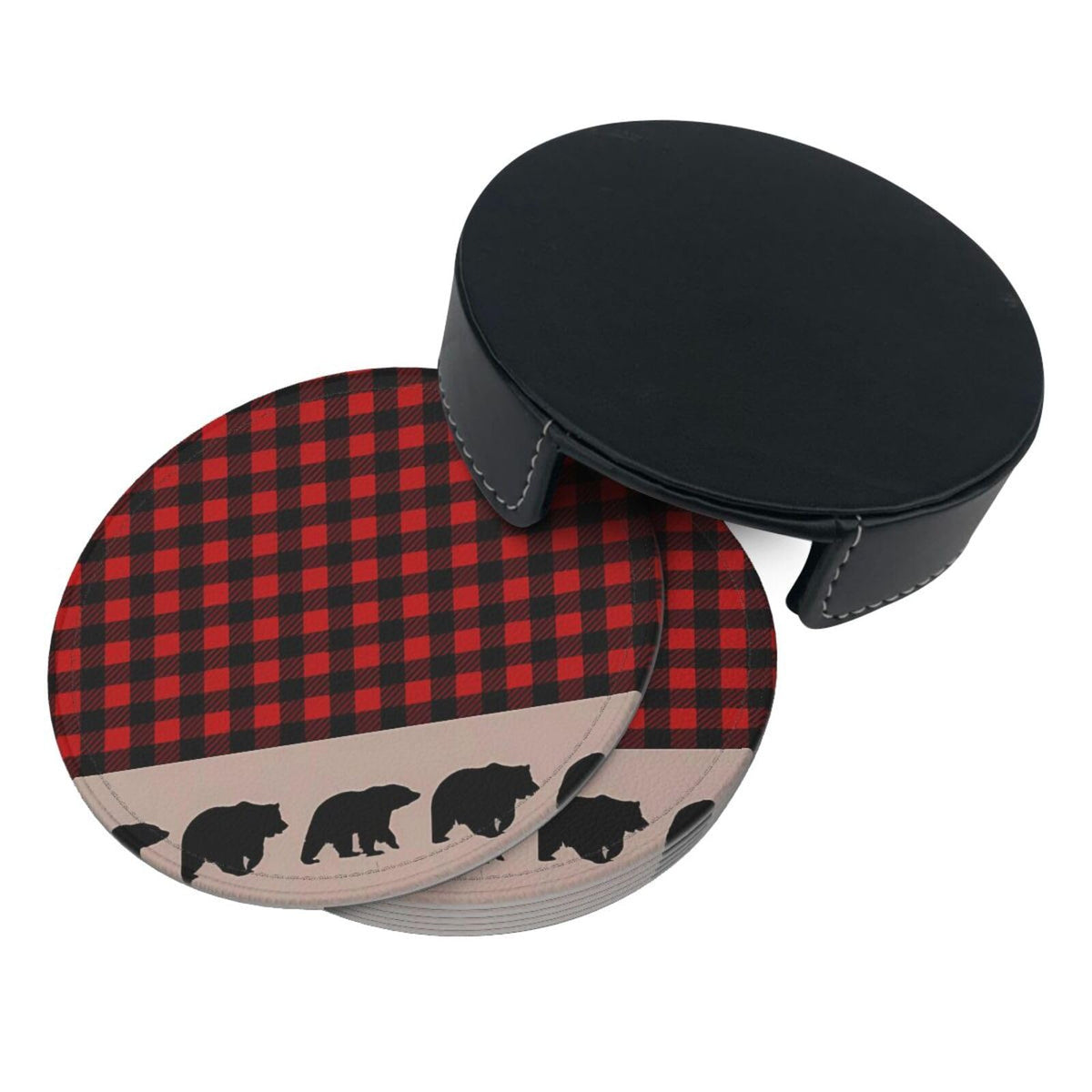 6 Pcs Plaid Leather Coasters with Holder F7081