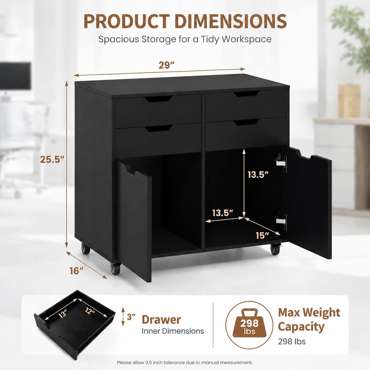 Mobile File Cabinet Rolling Printer Stand Black P806