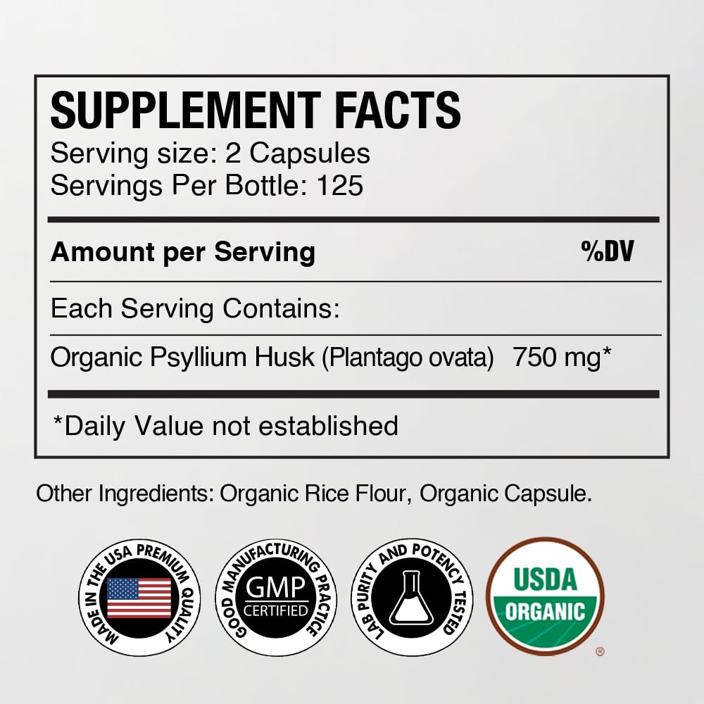 Organic Psyllium Husk Capsules 750 mg Fiber Supplement 250 Capsules Pack of 2 F51500