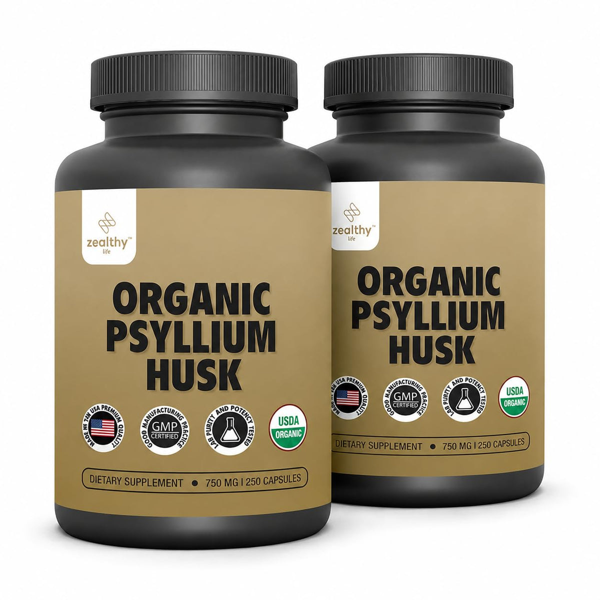 Organic Psyllium Husk Capsules 750 mg Fiber Supplement 250 Capsules Pack of 2 F51500