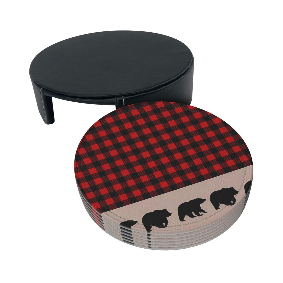 6 Pcs Plaid Leather Coasters with Holder F7081