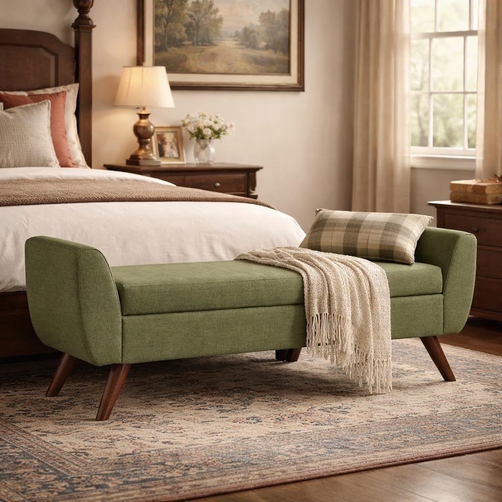 Olive Green Woven Storage Bench with Wood Legs C23363