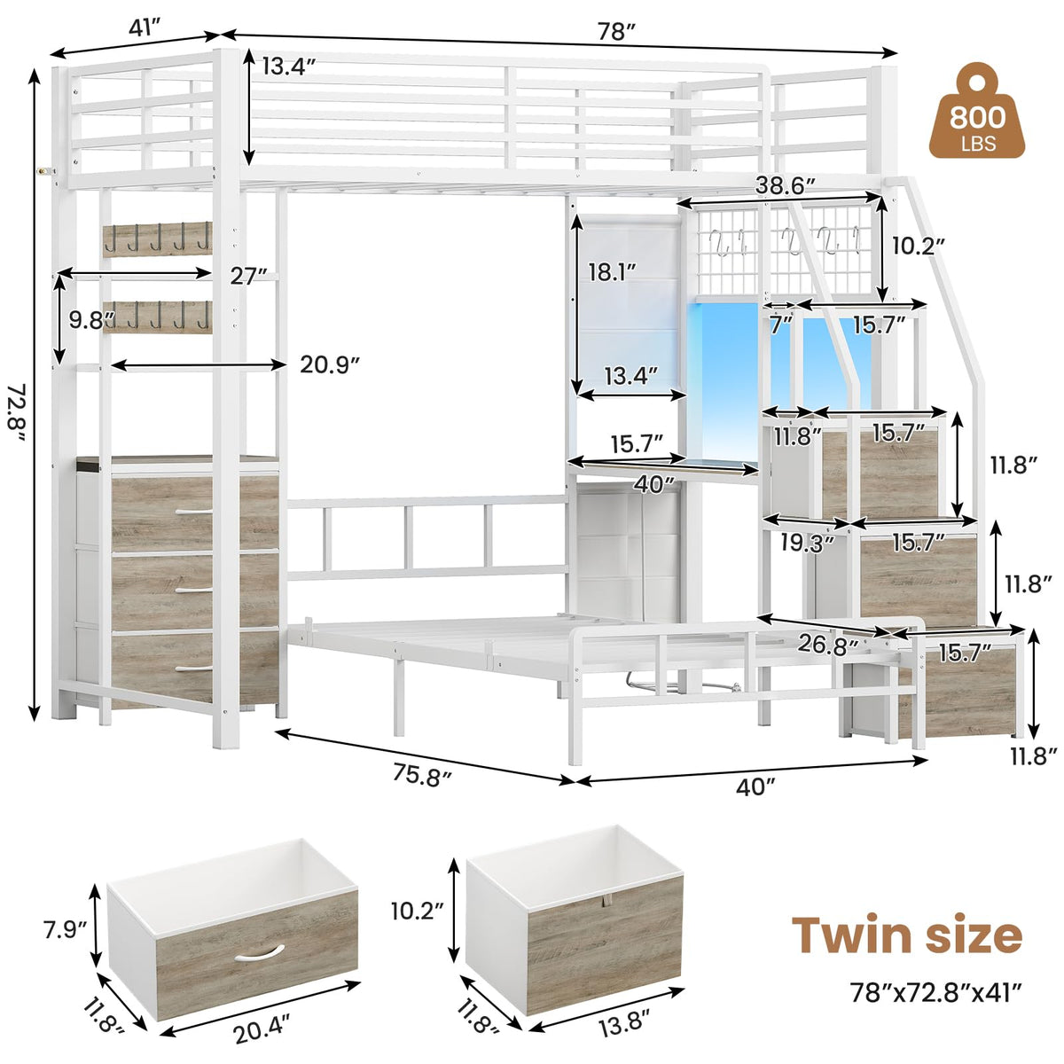 White Twin Over Twin Metal Bunk Bed with 6 Storage Drawers and Desk T417025