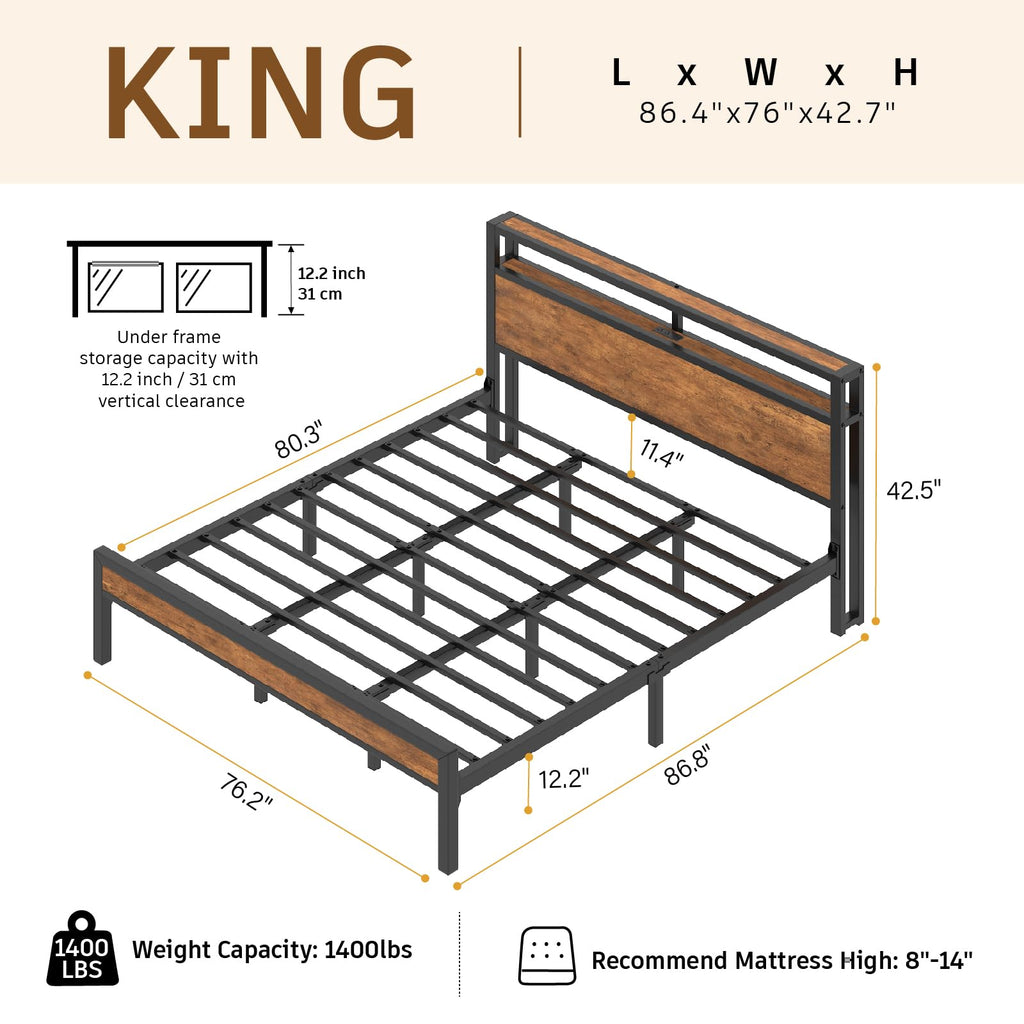 King Size Bed Frame with LED Light and Charging Station N2618
