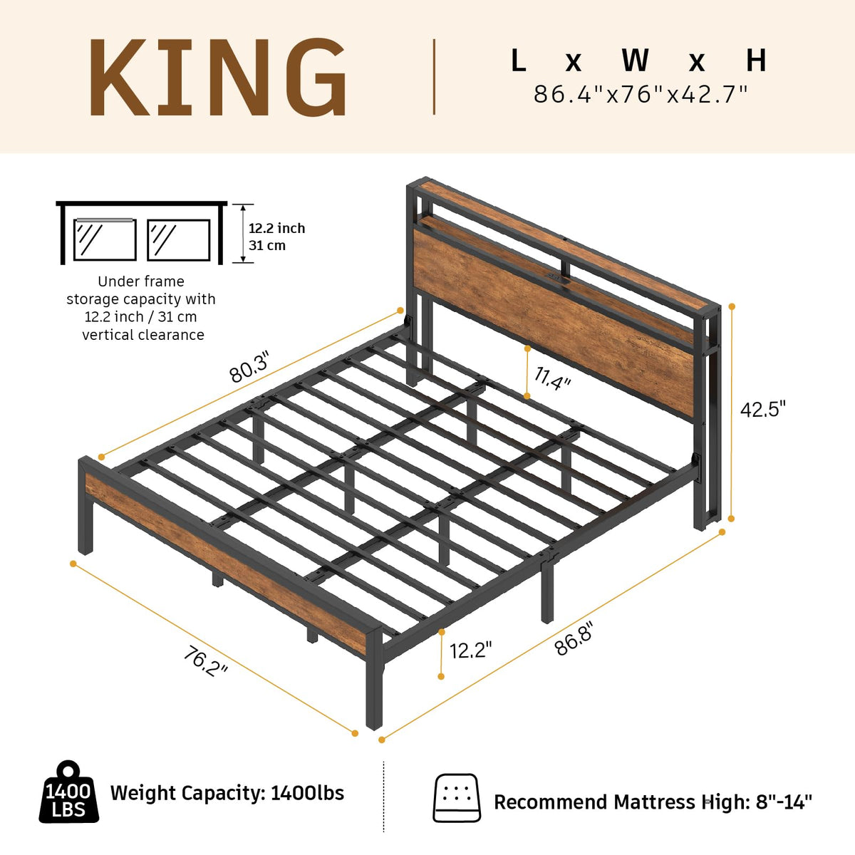 King Size Bed Frame with LED Light and Charging Station N2618