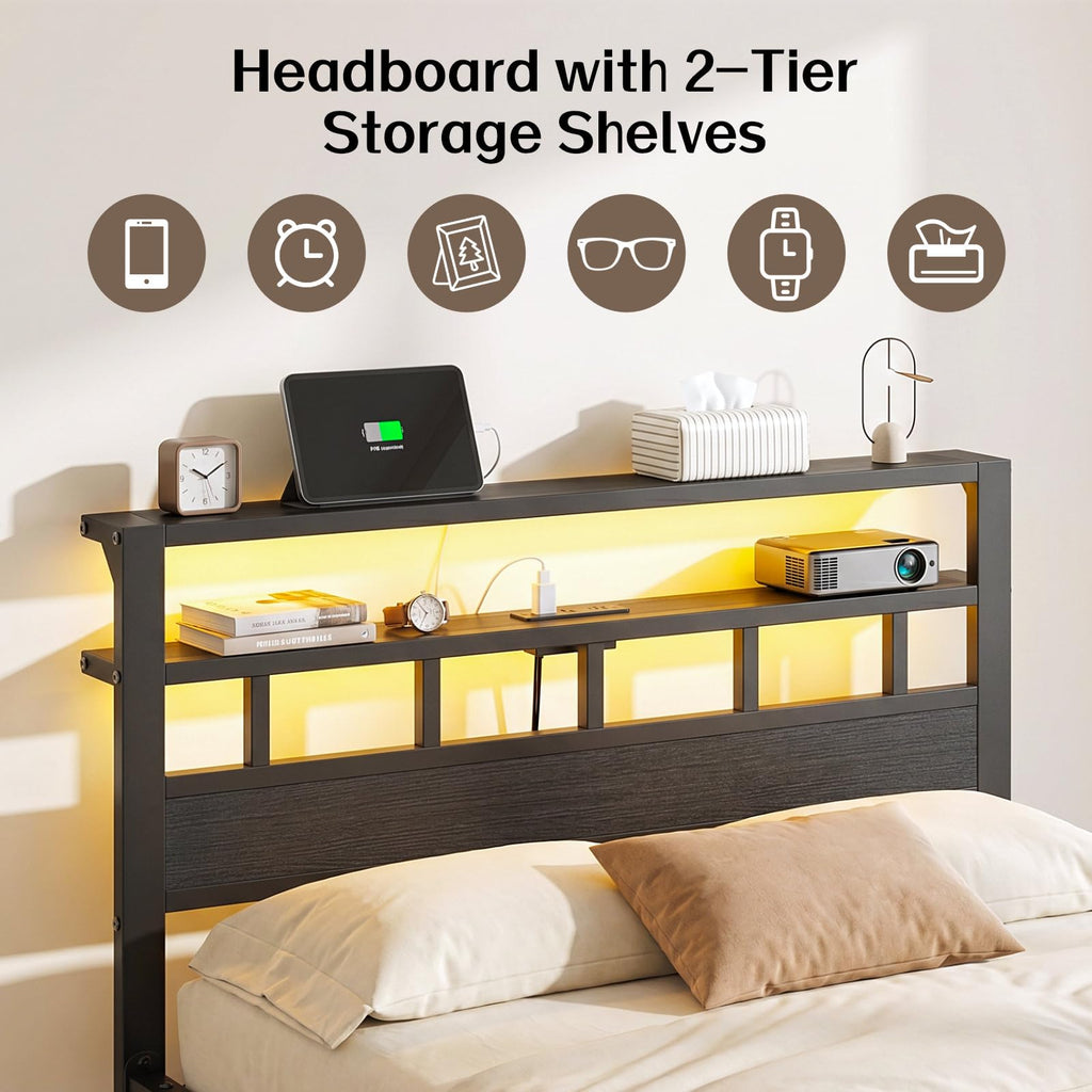 Full Size Bed Frame with Charging Station and LED G48389