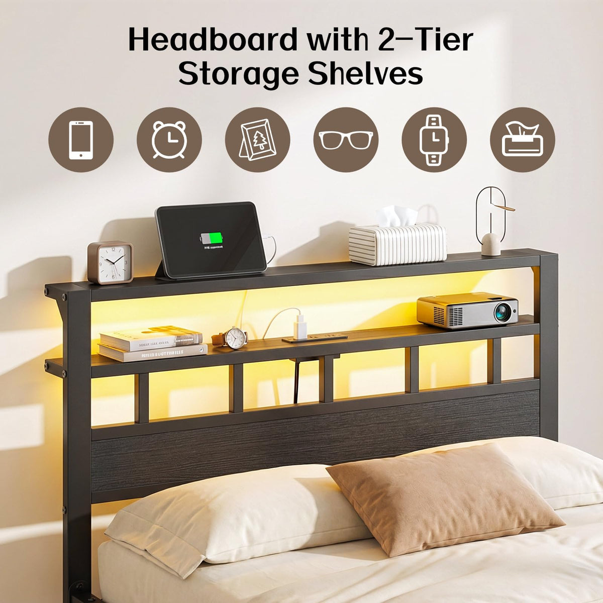 Full Size Bed Frame with Charging Station and LED G48389
