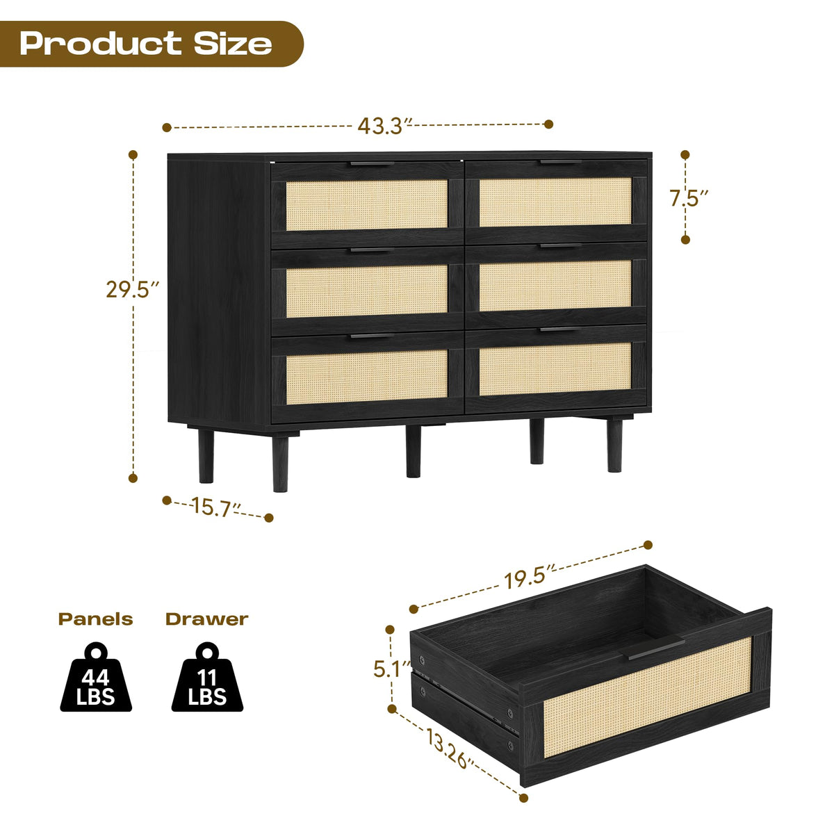 6 Drawer Rattan Wood Dresser Y9648