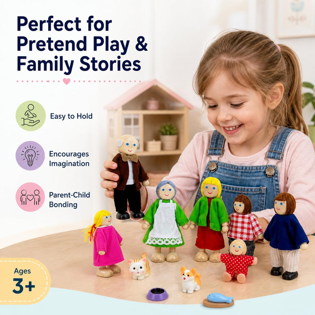 12 Pieces Wooden Dollhouse Family Set with Dog Cat Figures D217