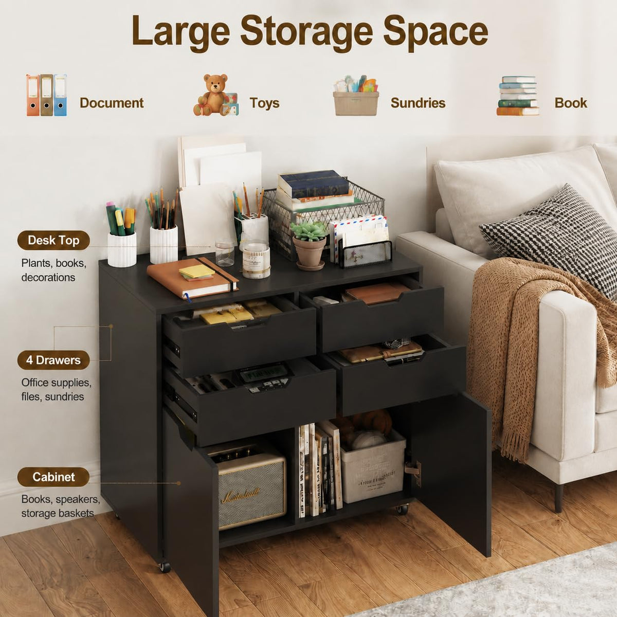 Mobile File Cabinet Rolling Printer Stand Black P806