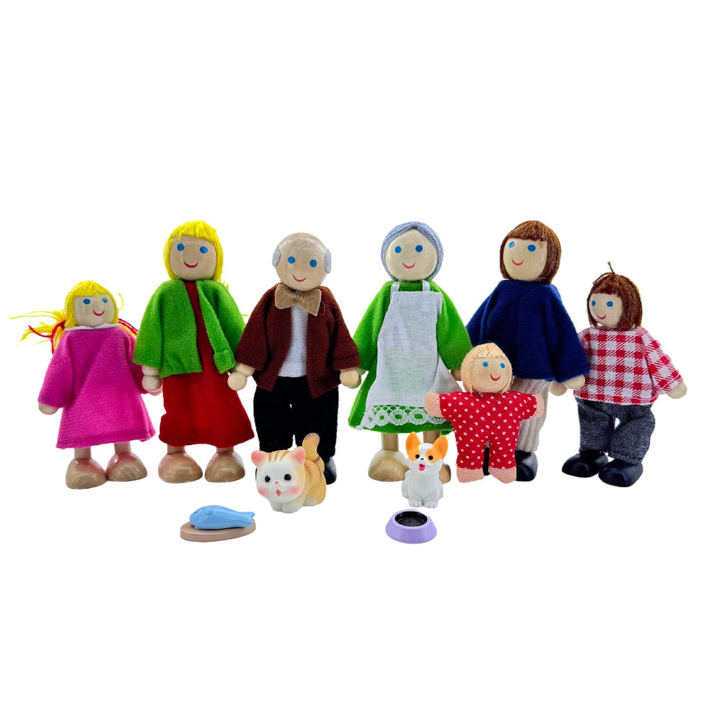 12 Pieces Wooden Dollhouse Family Set with Dog Cat Figures D217
