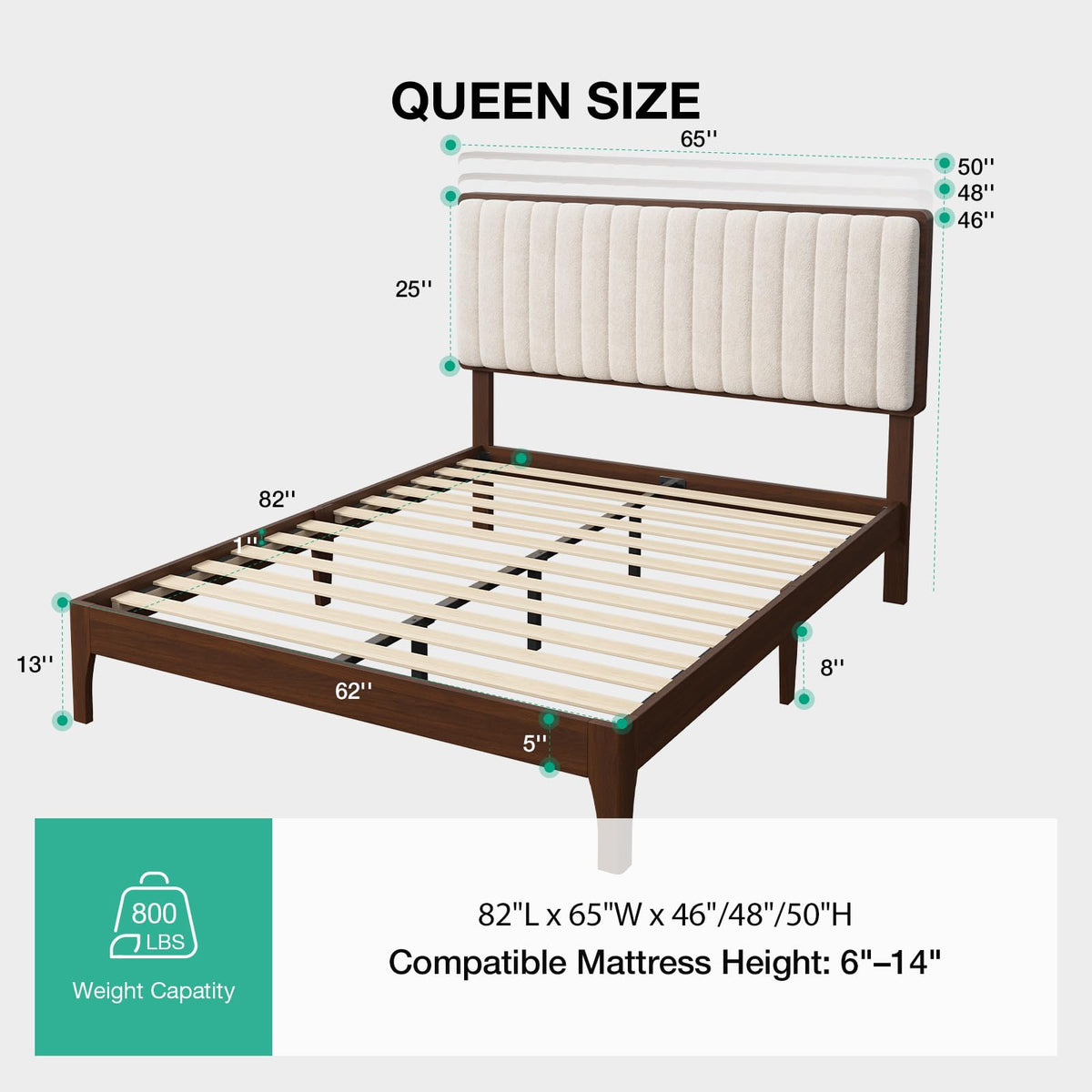 Queen Size Upholstered Bed Frame with Adjustable Headboard R5489