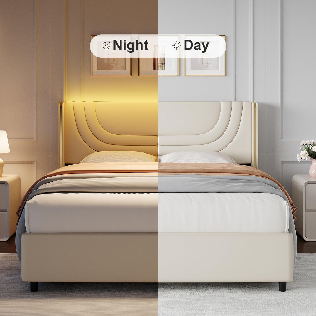 Full Size Bed Frame with LED Lights and Wingback Headboard T391804