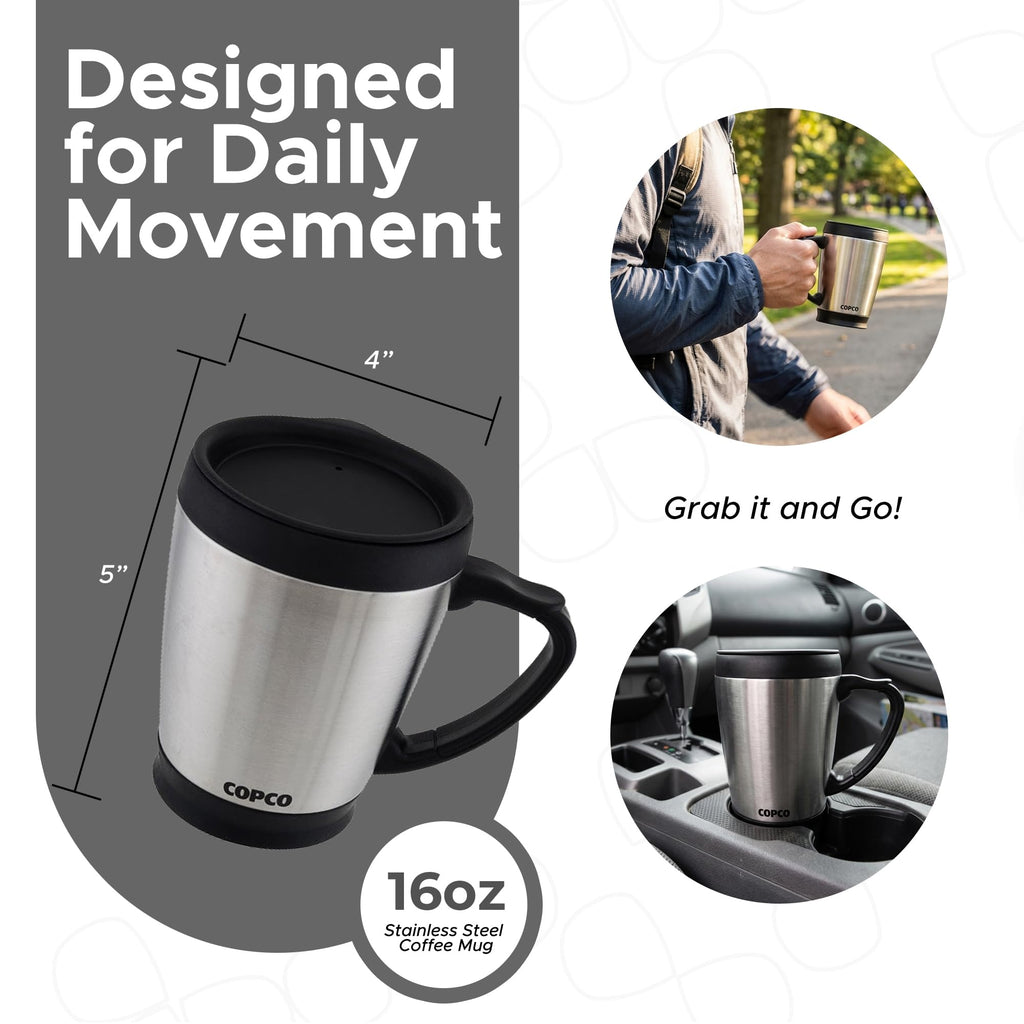 Double Wall Stainless Steel Coffee Mug with Lid 16 Oz Silver N3604