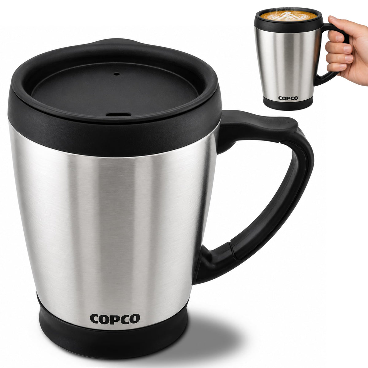 Double Wall Stainless Steel Coffee Mug with Lid 16 Oz Silver N3604