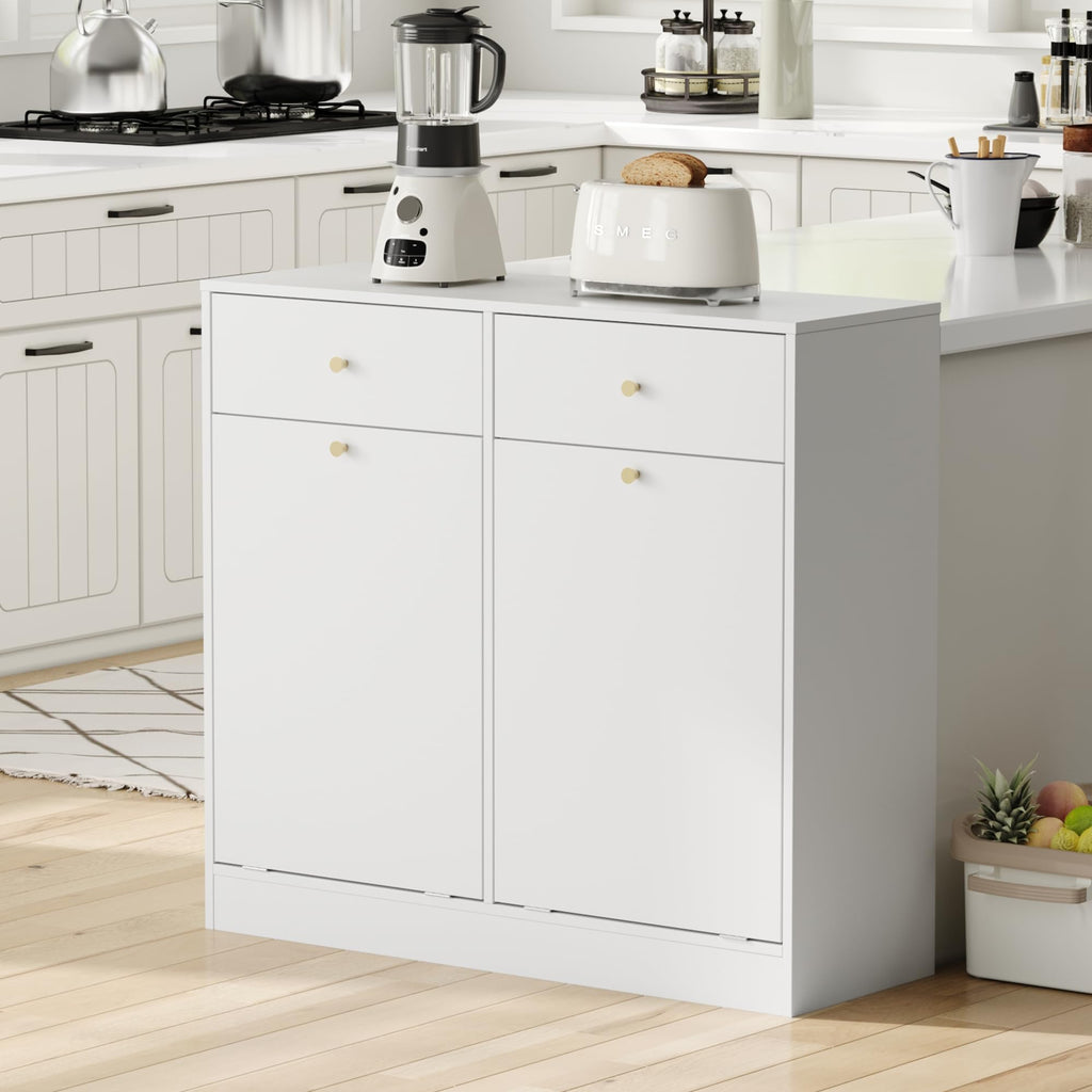 White Double Tilt Out Trash Can Cabinet with 2 Drawers A891