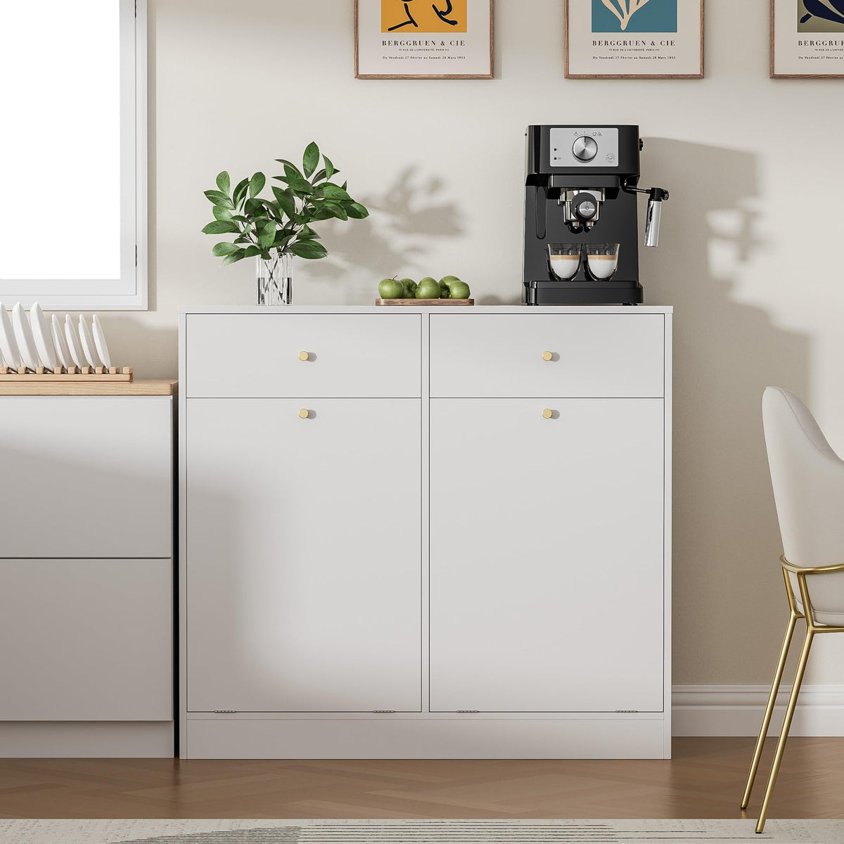 White Double Tilt Out Trash Can Cabinet with 2 Drawers A891