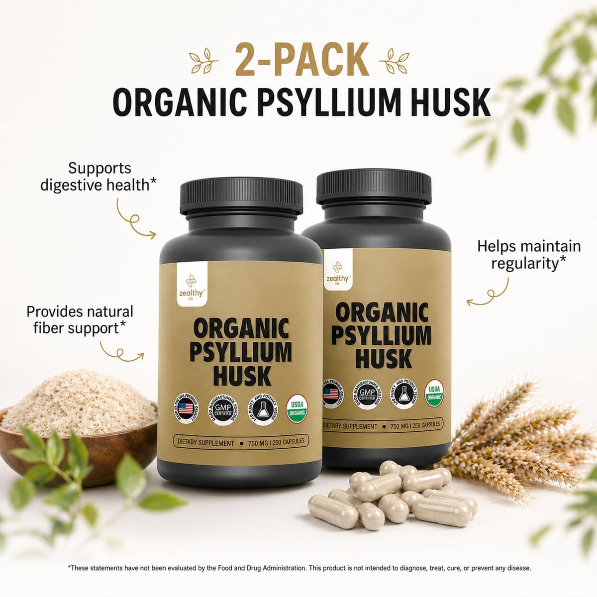 Organic Psyllium Husk Capsules 750 mg Fiber Supplement 250 Capsules Pack of 2 F51500