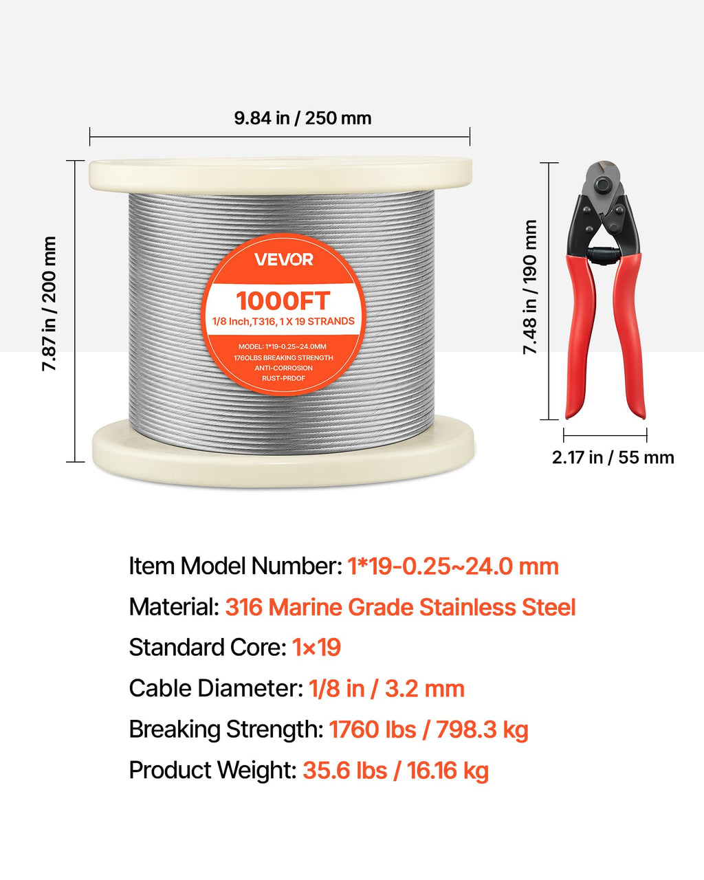 1/8 Inch 316 Stainless Steel Wire Rope M8166