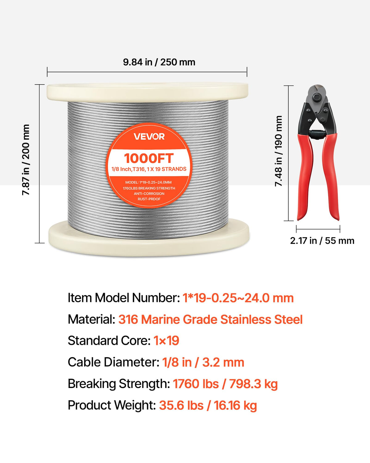 1/8 Inch 316 Stainless Steel Wire Rope M8166