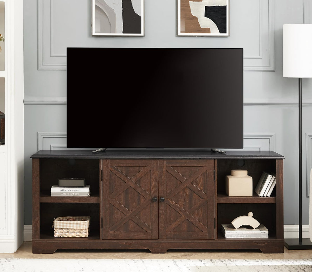 Espresso and Black TV Media Stand with Open Shelves and Closed Cabinets Q41021