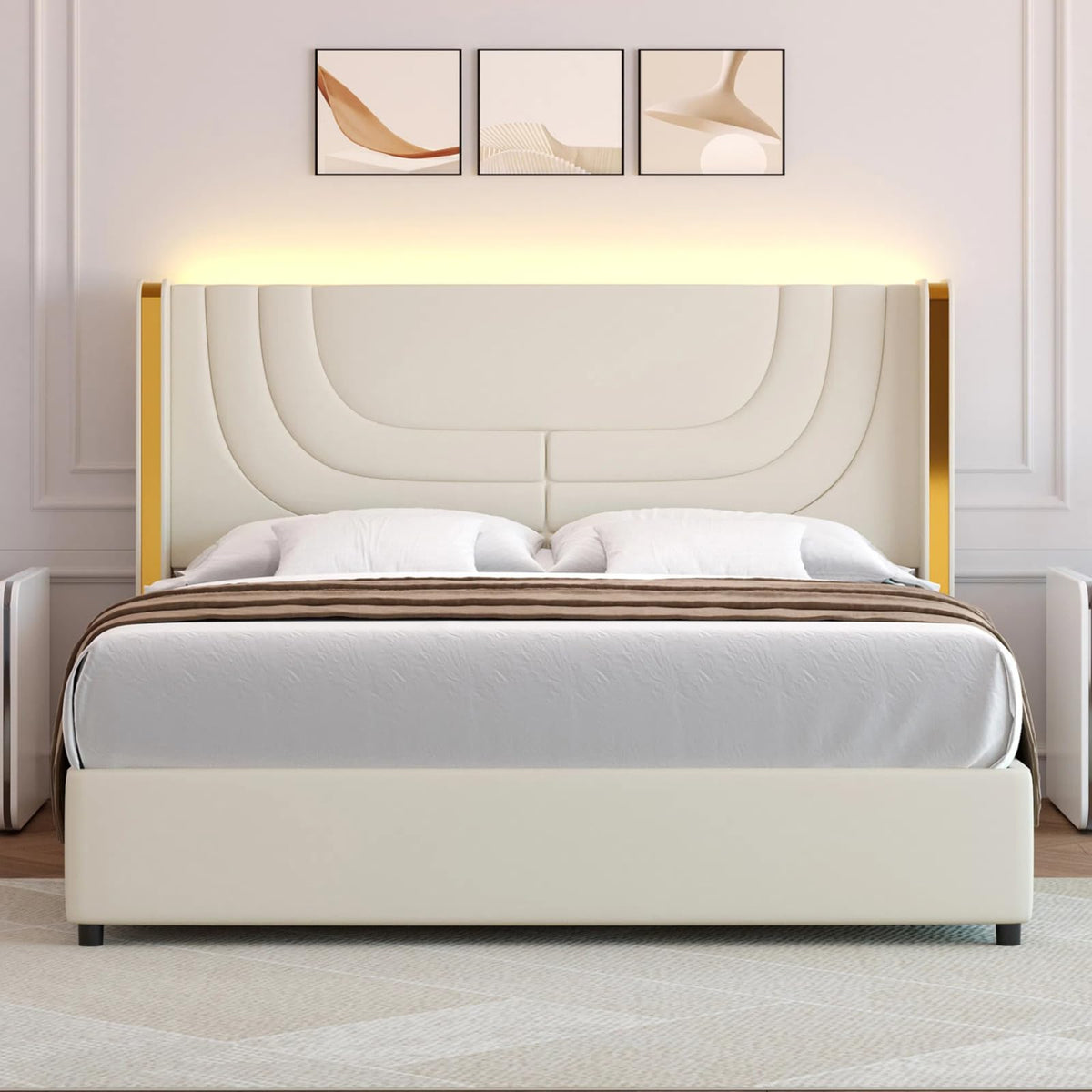 Full Size Bed Frame with LED Lights and Wingback Headboard T391804