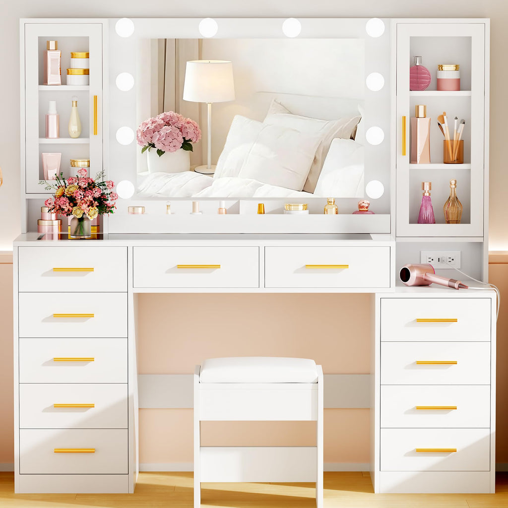 White Glass Top Vanity Desk with Mirror and Lights C37952
