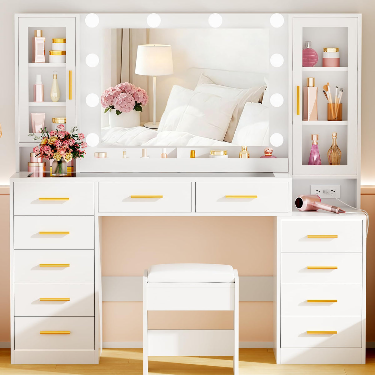 White Glass Top Vanity Desk with Mirror and Lights C37952