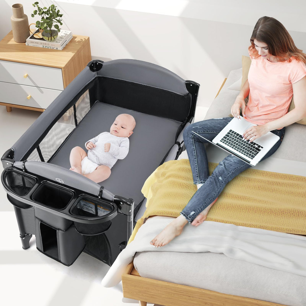 4 in 1 Pack and Play, Baby Bassinet, Bedside Sleeper, Diaper Changer D79502