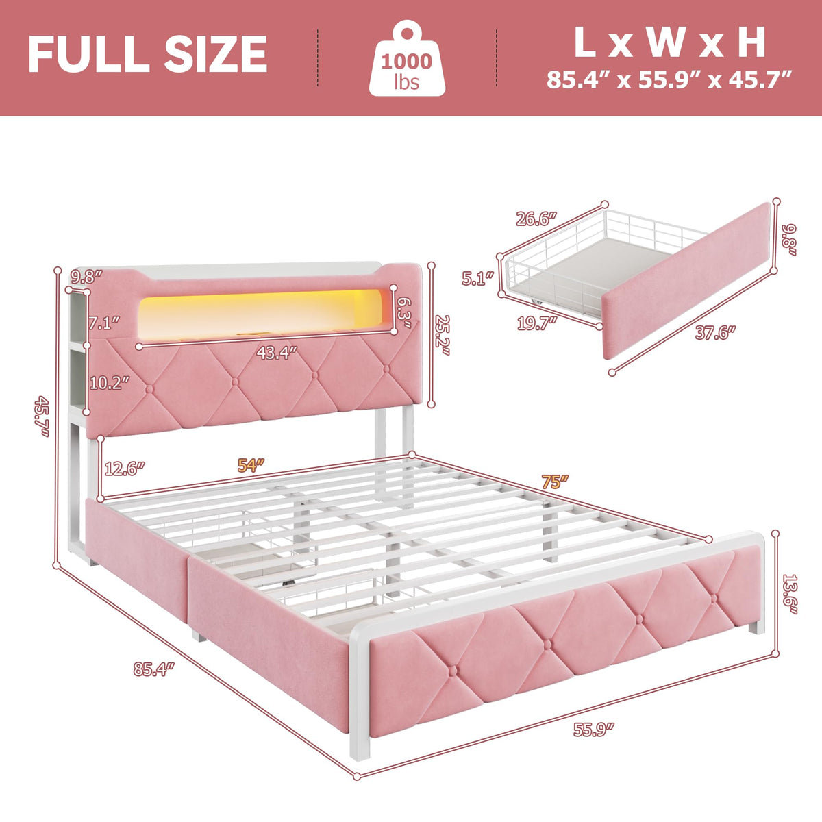 Pink Velvet Upholstered Platform Bed Frame with 2 Storage Drawers L8169