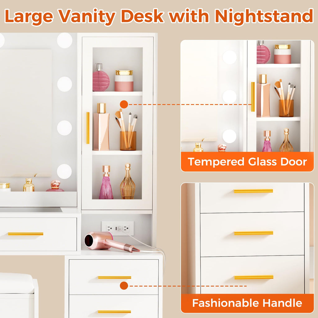 White Glass Top Vanity Desk with Mirror and Lights C37952