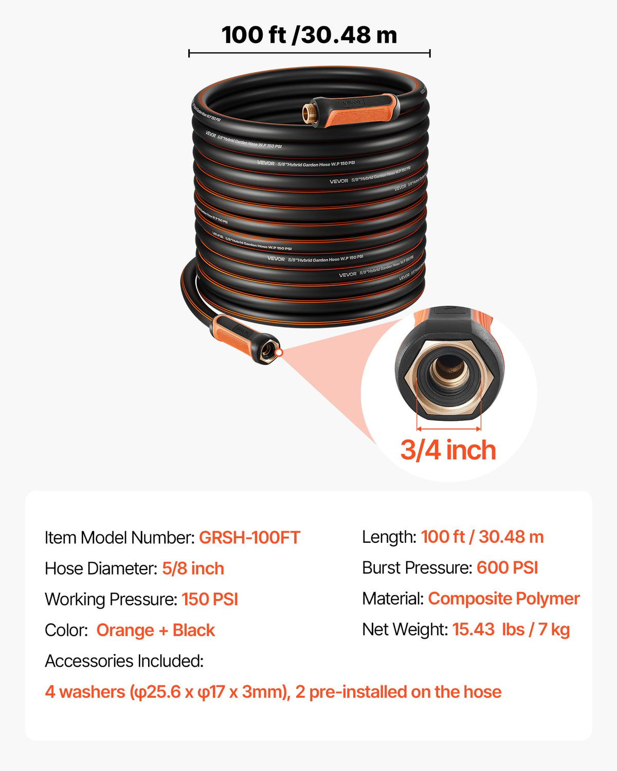 100 ft 5/8" Heavy Duty 4-Layer Rubber Garden Hose I448