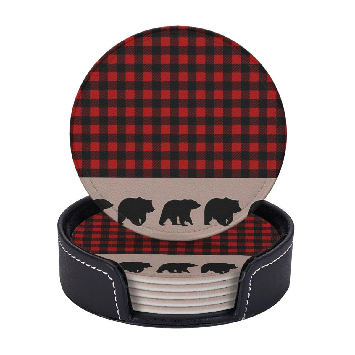 6 Pcs Plaid Leather Coasters with Holder F7081