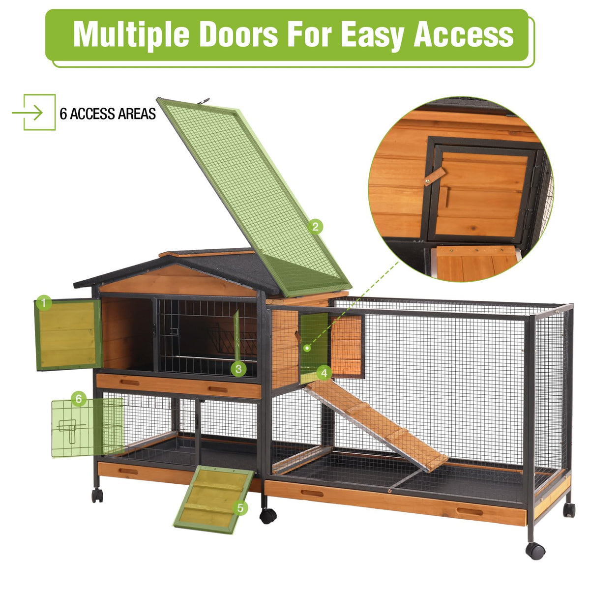 Wooden Rabbit Hutch with Wheels and Pull-Out Tray P109