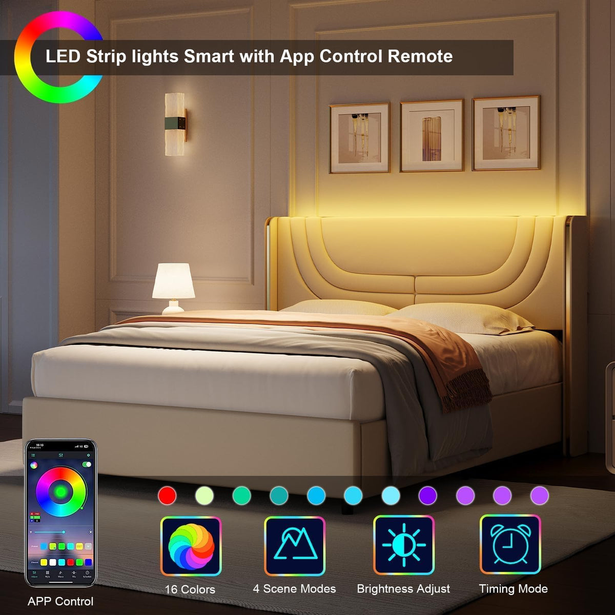 Full Size Bed Frame with LED Lights and Wingback Headboard T391804