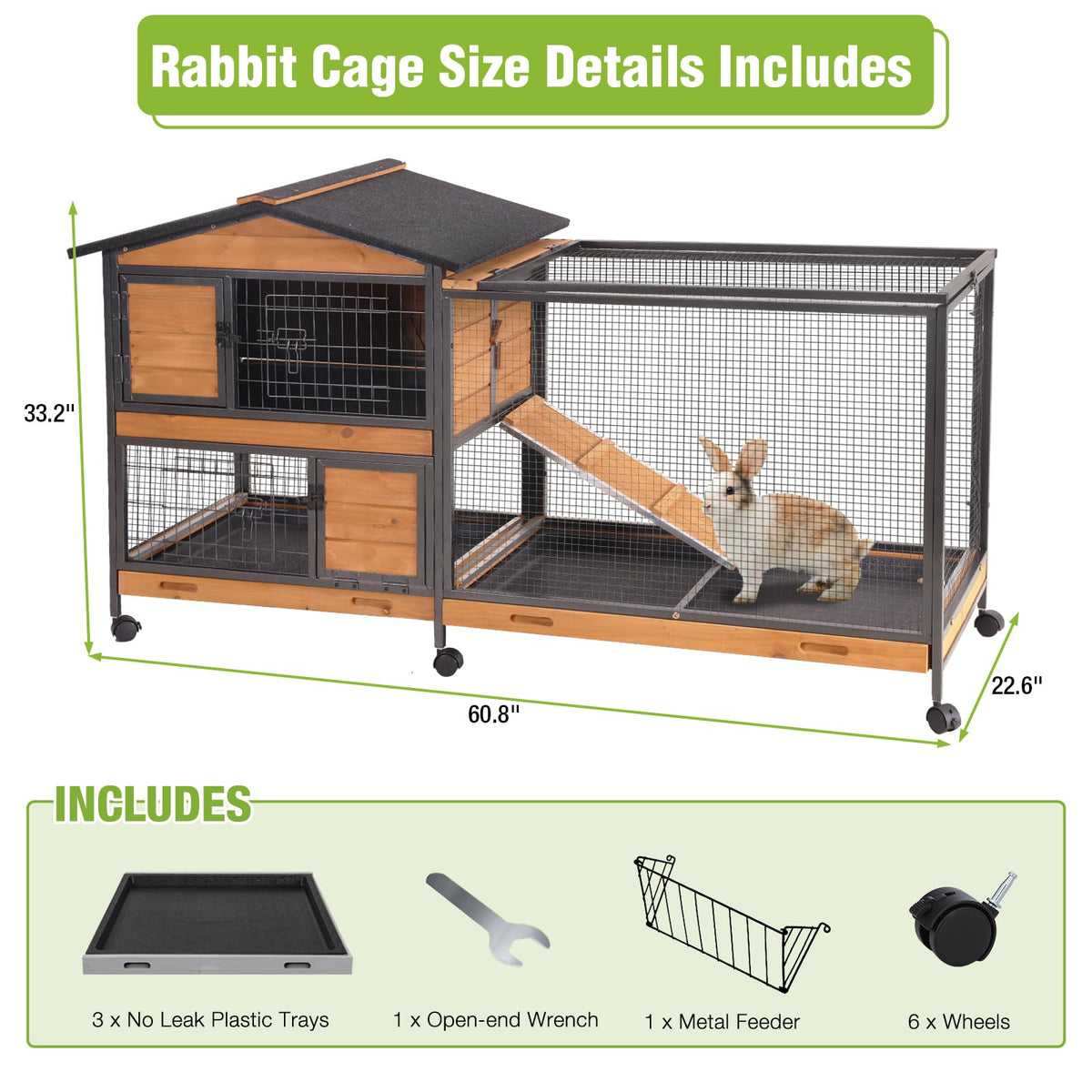 Wooden Rabbit Hutch with Wheels and Pull-Out Tray P109