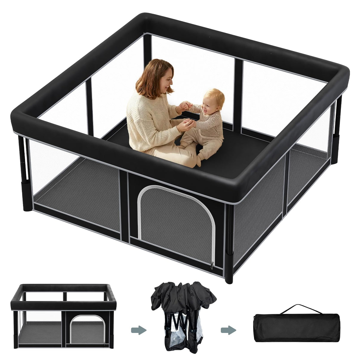 Foldable Baby Playpen, 48"×48" Play Yard with Gate, Mesh W9186