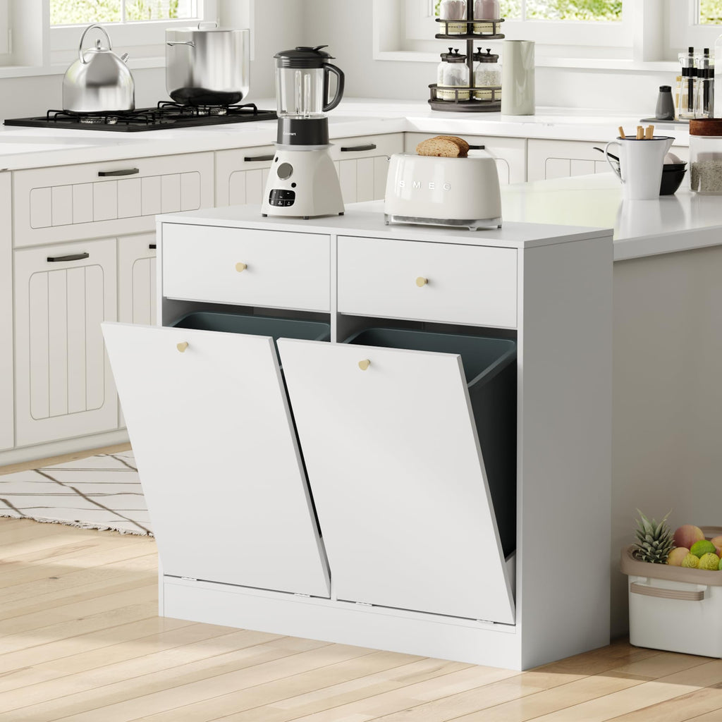 White Double Tilt Out Trash Can Cabinet with 2 Drawers A891