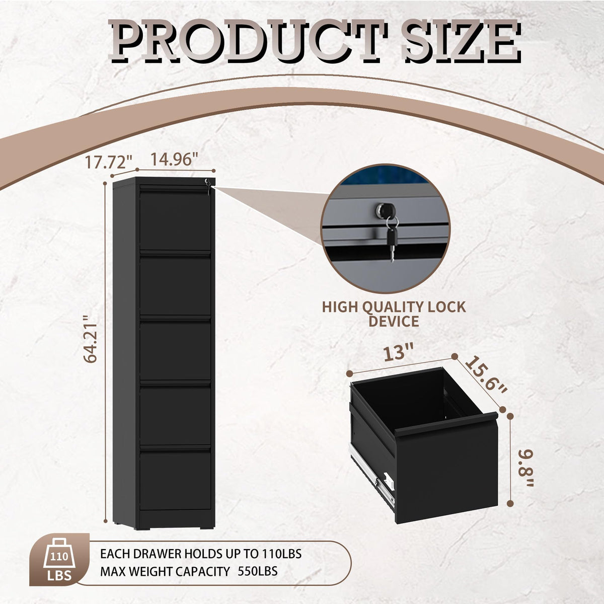 5 Drawer Black Filing Cabinet with Lock Q13527