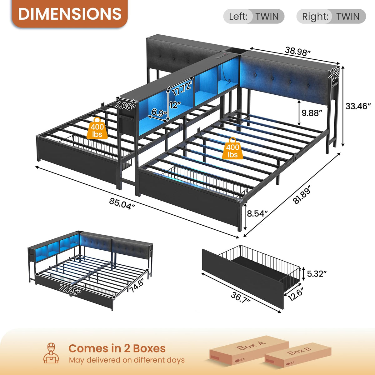 Black Twin Metal Platform Bed with Storage S9093