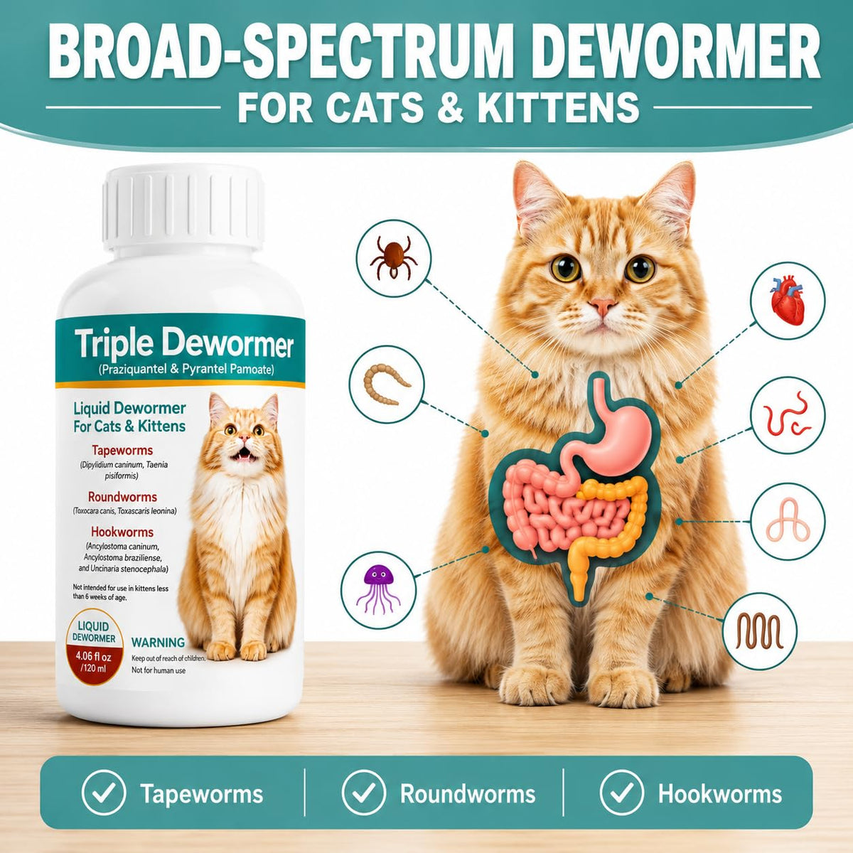 Cat Dewormer Liquid for Tapeworms, Roundworms and Hookworms X573023