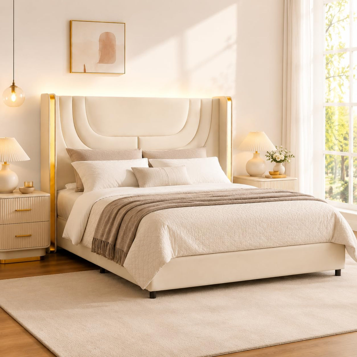 Full Size Bed Frame with LED Lights and Wingback Headboard T391804