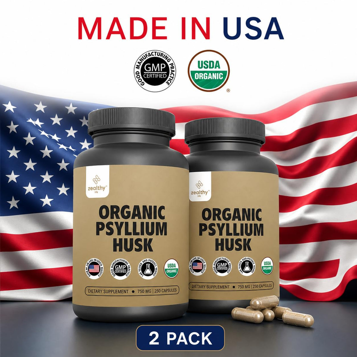 Organic Psyllium Husk Capsules 750 mg Fiber Supplement 250 Capsules Pack of 2 F51500