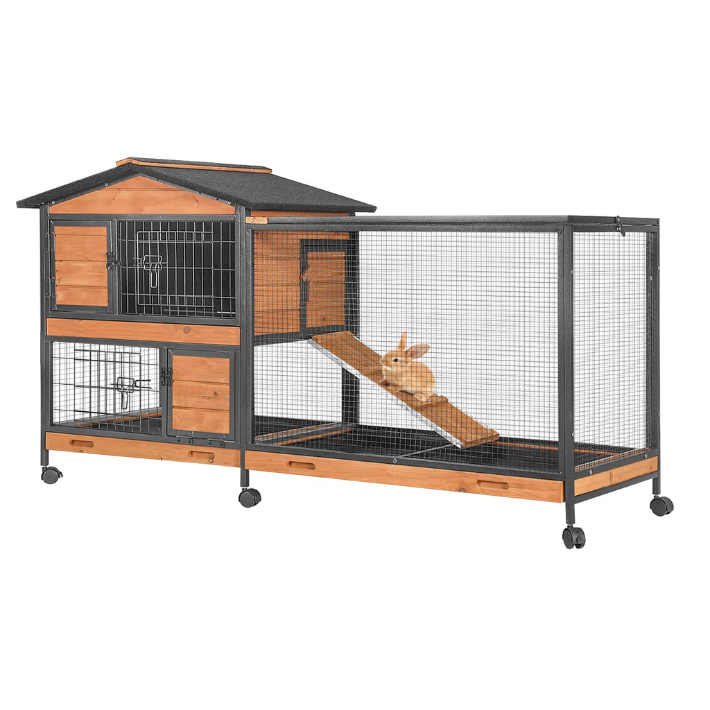 Wooden Rabbit Hutch with Wheels and Pull-Out Tray P109