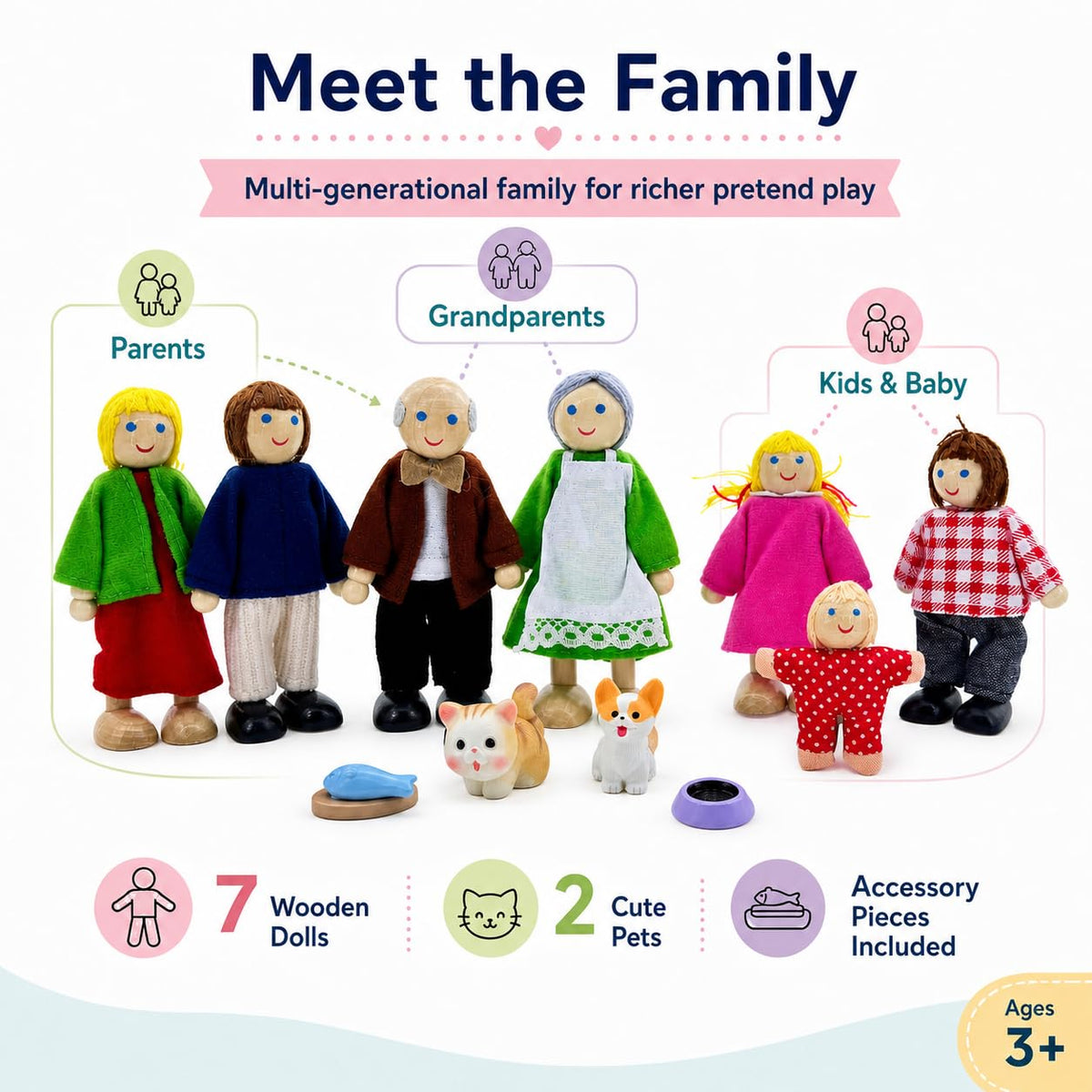 12 Pieces Wooden Dollhouse Family Set with Dog Cat Figures D217