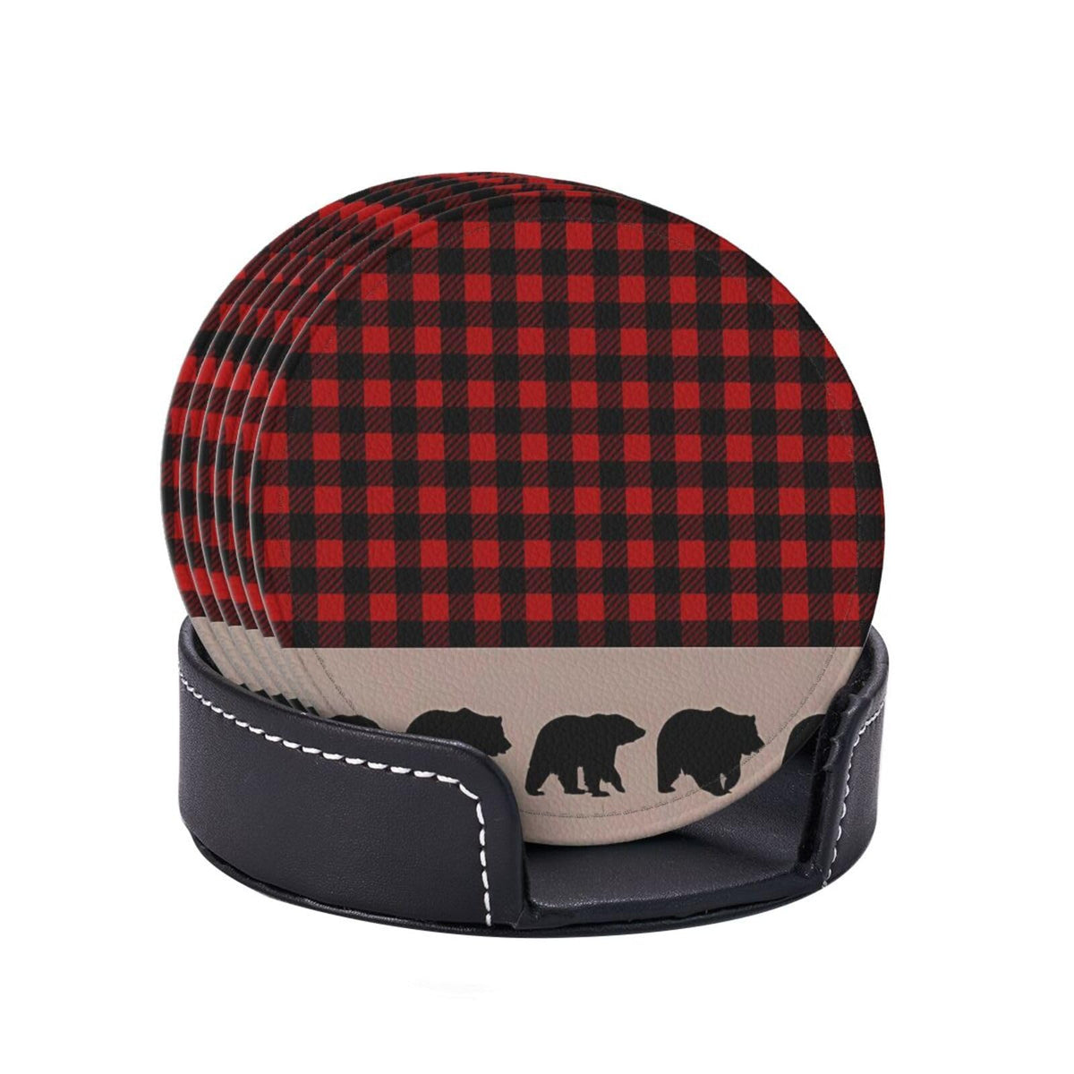6 Pcs Plaid Leather Coasters with Holder F7081
