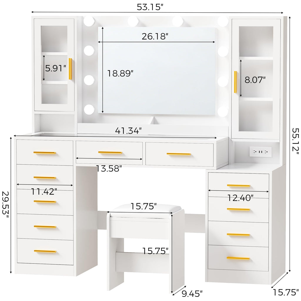 White Glass Top Vanity Desk with Mirror and Lights C37952