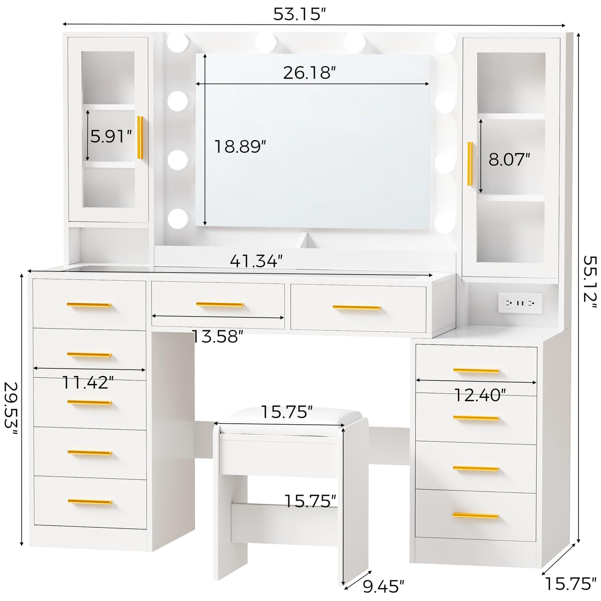 White Glass Top Vanity Desk with Mirror and Lights C37952
